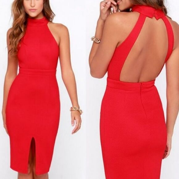 Lulus Red Halter Dress Front Slit Open Back Size Small - Picture 1 of 7